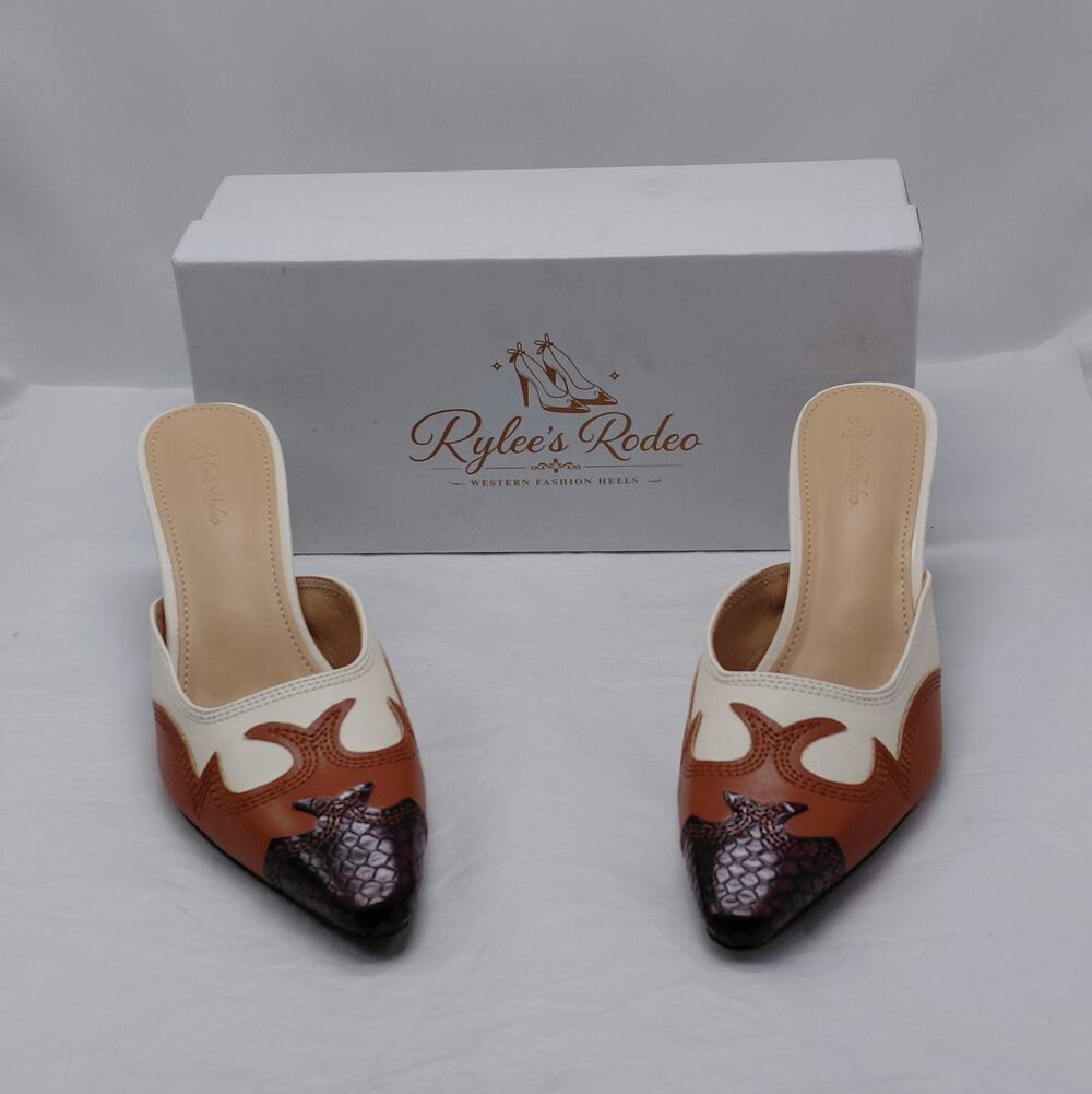 Rylee's Rodeo Western Heels Sz 10 Ivory Brown Pointed Toe Coastal Cowgirl Mules